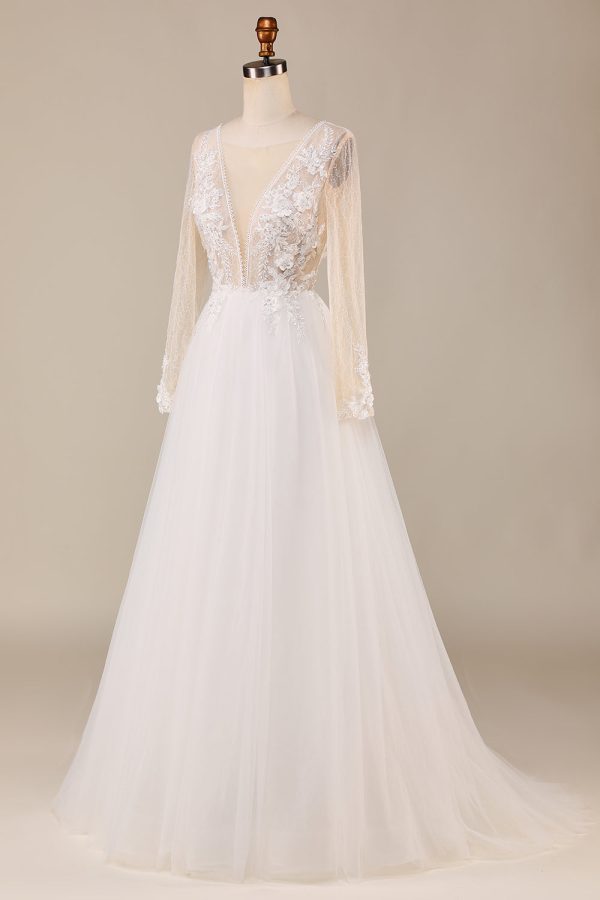 A Line Deep V-Neck Ivory Tulle Sweep Train Wedding Dress with Lace For Cheap