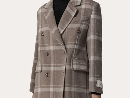 Khaki Plaid Notched Lapel Double Breasted Women Wool Coat For Discount