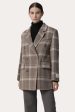 Khaki Plaid Notched Lapel Double Breasted Women Wool Coat For Discount