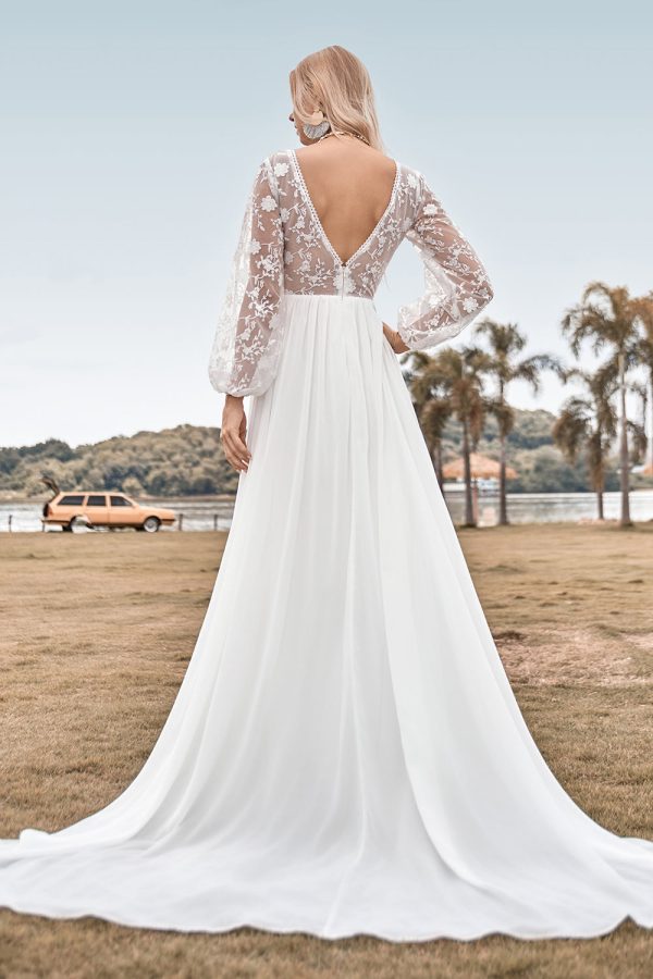 A Line V Neck Ivory Chiffon Sweep Train Boho Wedding Dress with Lace Discount