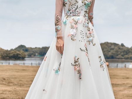 Gorgeous A Line Tulle Long Sleeves Long Ivory Wedding Dress with Embroidery Hot on Sale