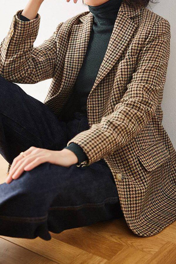 Khaki Plaid Notched Lapel Women Coat For Discount