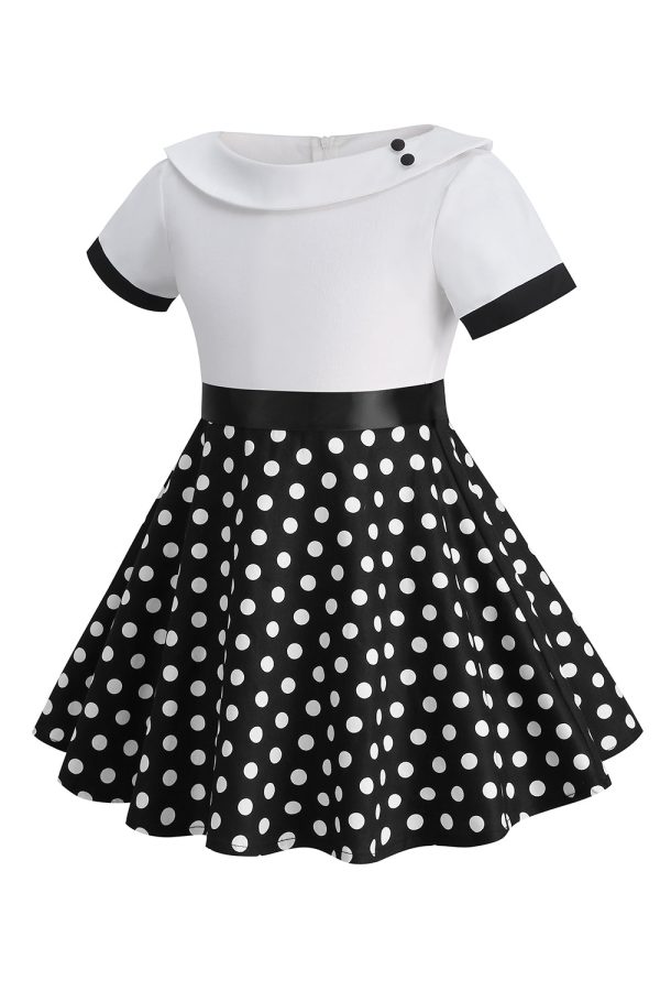 Bateau Neck Polka Dots White Vintage Girl Dresses on Sale