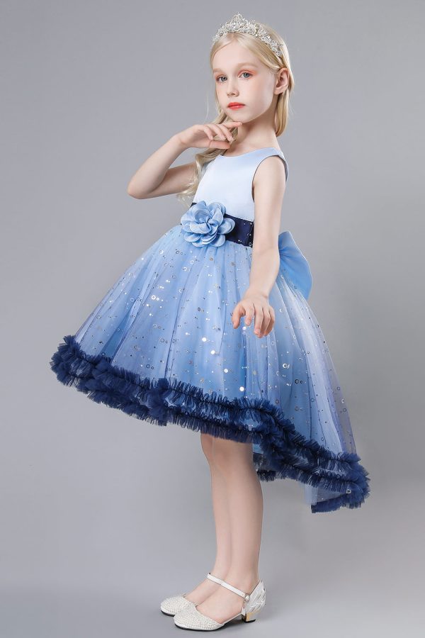 Blue Tulle Glitter Flower Girls Party Dress With Bow Supply