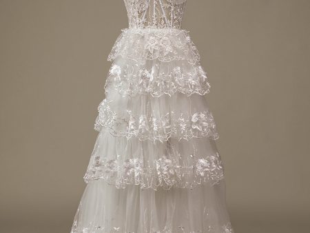 Sparkly White Tiered Lace Wedding Dress with Slit on Sale