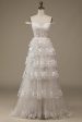 Sparkly White Tiered Lace Wedding Dress with Slit on Sale