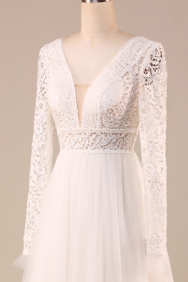 Ivory Long Sleeves Tulle A-Line Wedding Dress with Lace Online Sale