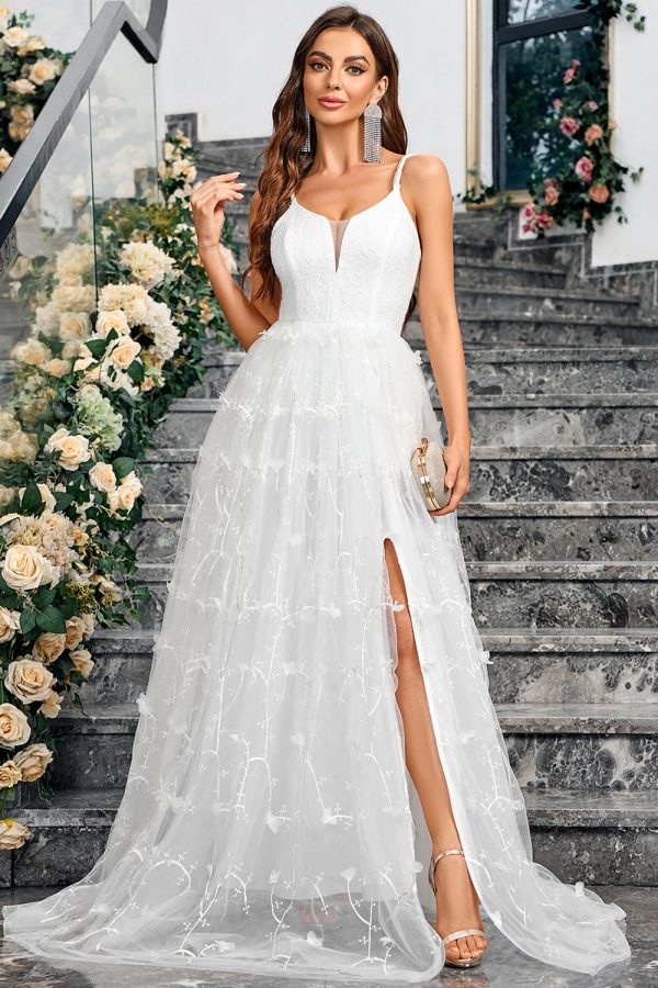 White A Line V Neck Tulle Long Formal Party Dress with Slit Online now