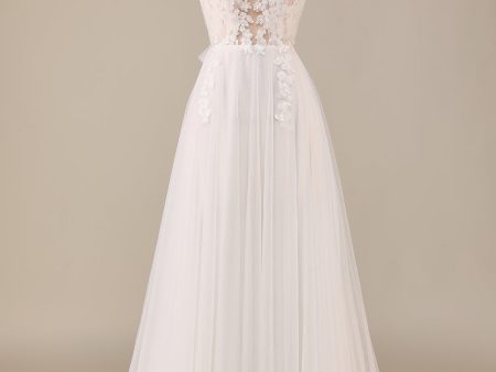 Charming A Line Halter Neck Ivory Open Back Tulle Sweep Train Wedding Dress with Lace Online