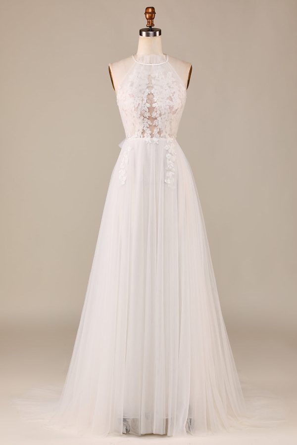 Charming A Line Halter Neck Ivory Open Back Tulle Sweep Train Wedding Dress with Lace Online