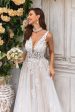 Gorgeous A Line Deep V Neck Champagne Tulle Wedding Dress with Lace For Cheap