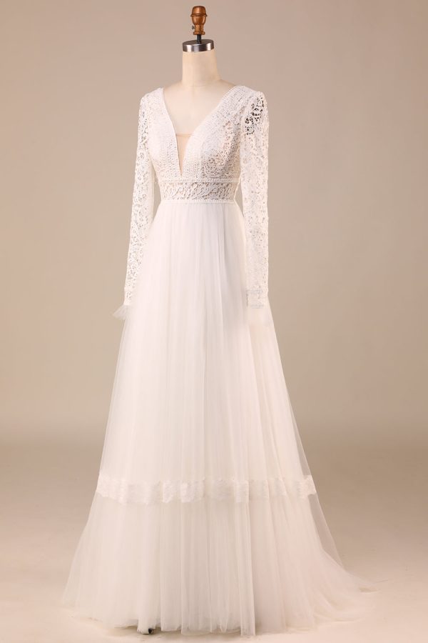 Ivory Long Sleeves Tulle A-Line Wedding Dress with Lace Online Sale