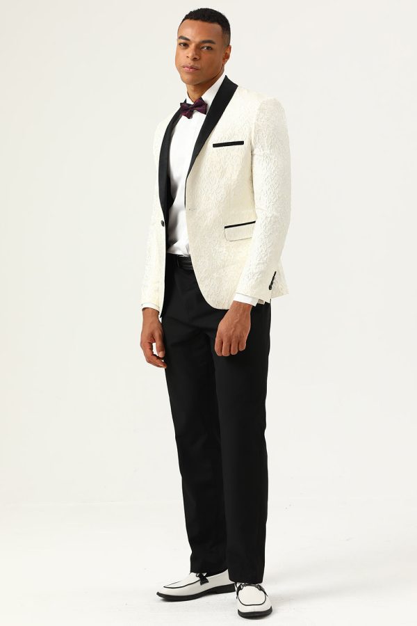 One Button White Shawl Lapel Jacquard Men s Prom Blazer Online Hot Sale