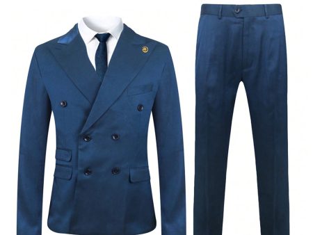 2 Pieces Blue Men s Double Breasted Peak Lapel Suit For Cheap