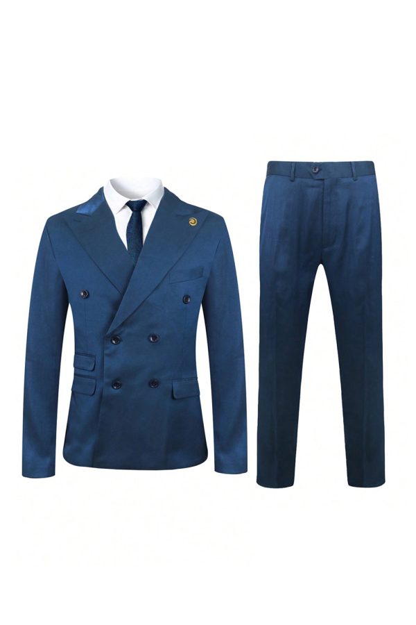 2 Pieces Blue Men s Double Breasted Peak Lapel Suit For Cheap