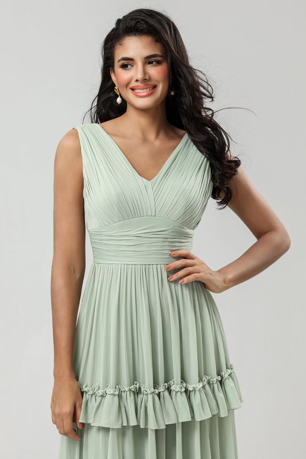 A Line Chiffon Green Bridesmaid Dress with Pleated Online now