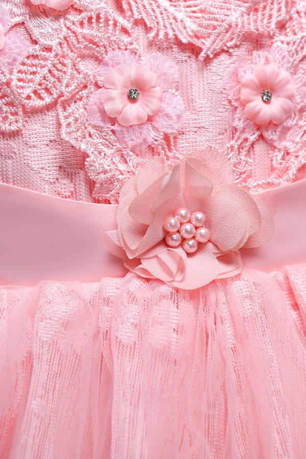 Pink Round Neck Girls Dresses With 3D Flowers Online Sale