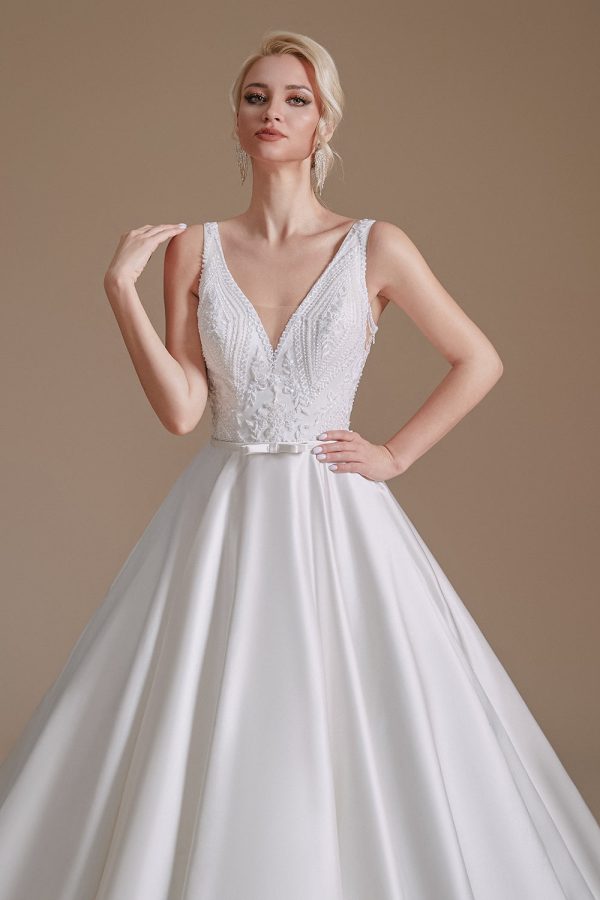 White A-Line V-Neck Wedding Dress with Lace Online Hot Sale