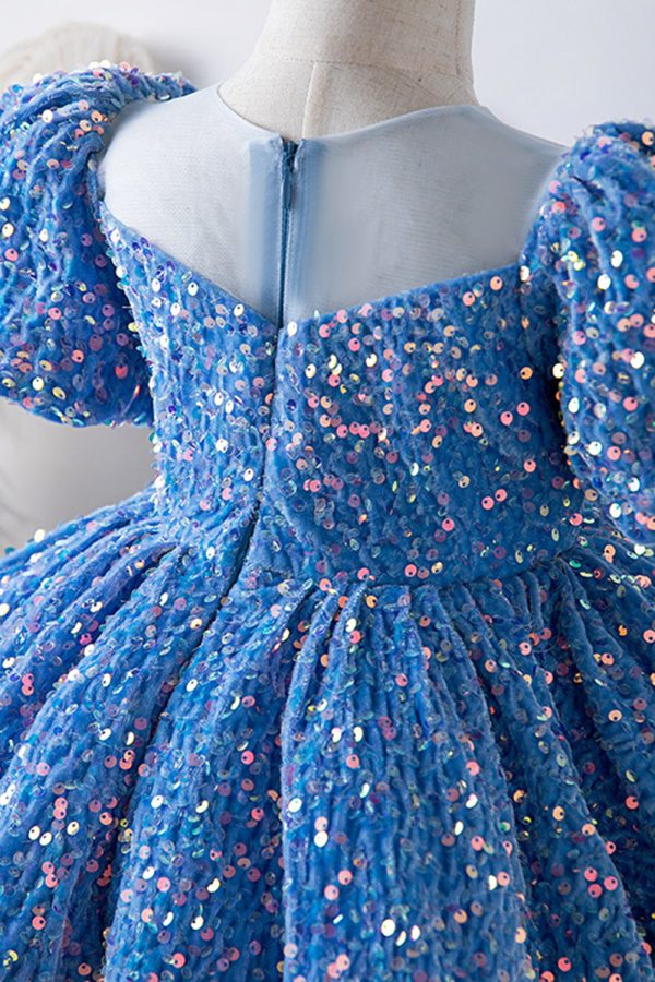 Blue A Line Puff Sleeves Sequins Girls Dresses Supply