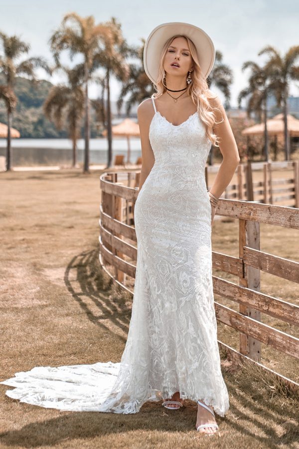 Charming Mermaid Spaghetti Straps Lace Ivory Wedding Dress with Sweep Train Online