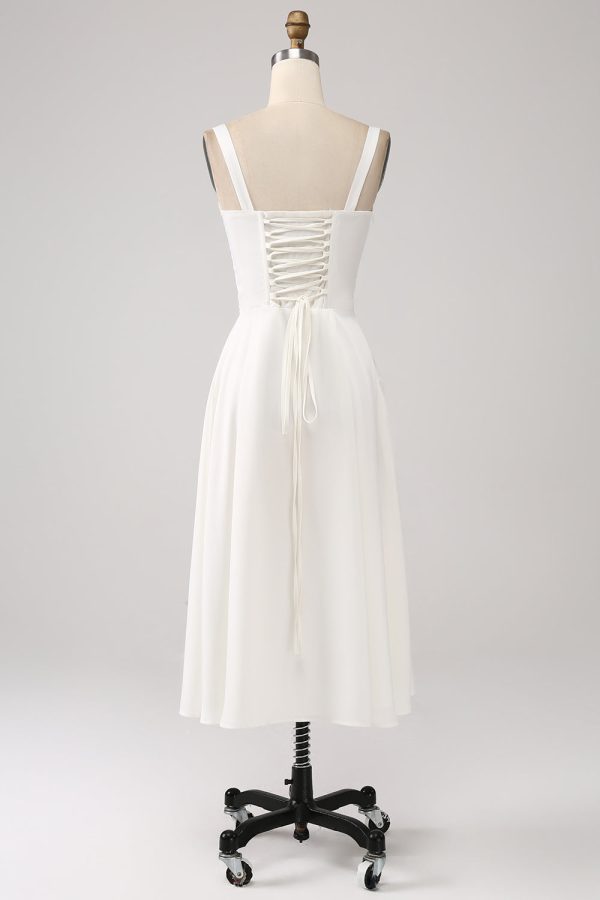 White Midi Graduation Dress with Lace-up Back Fashion