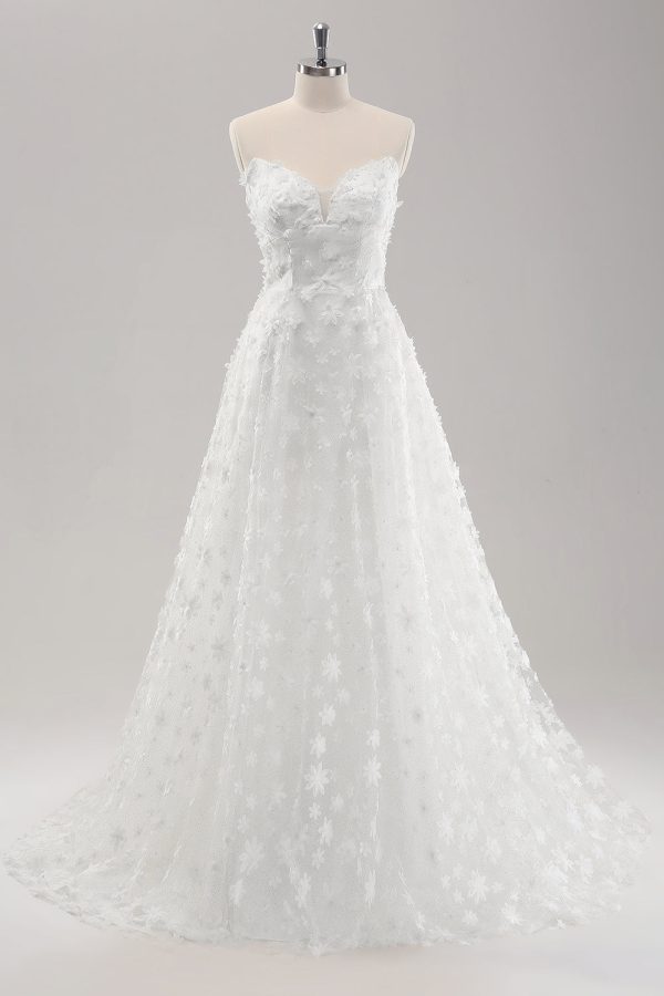 White A Line Sweetheart Applique Lace Wedding Dress with Detachable Sleeves Online Hot Sale