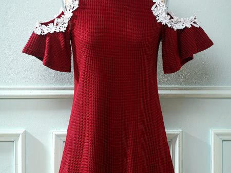 Dark Red Off the Shoulder Knitted Dress with Appliques Fashion