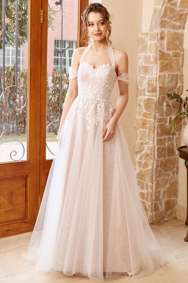 Elegant A Line Halter White Long Wedding Dress with Appliques Fashion