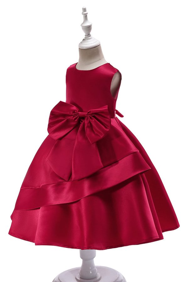 Boat Neck Sleeveless Burgundy Girls Dresses with Bowknot Online Hot Sale