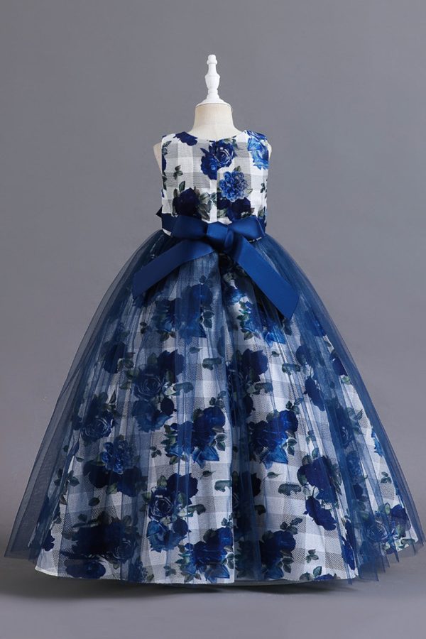 Blue Flower Tulle Long Girls  Dress With Ruffles Online Hot Sale