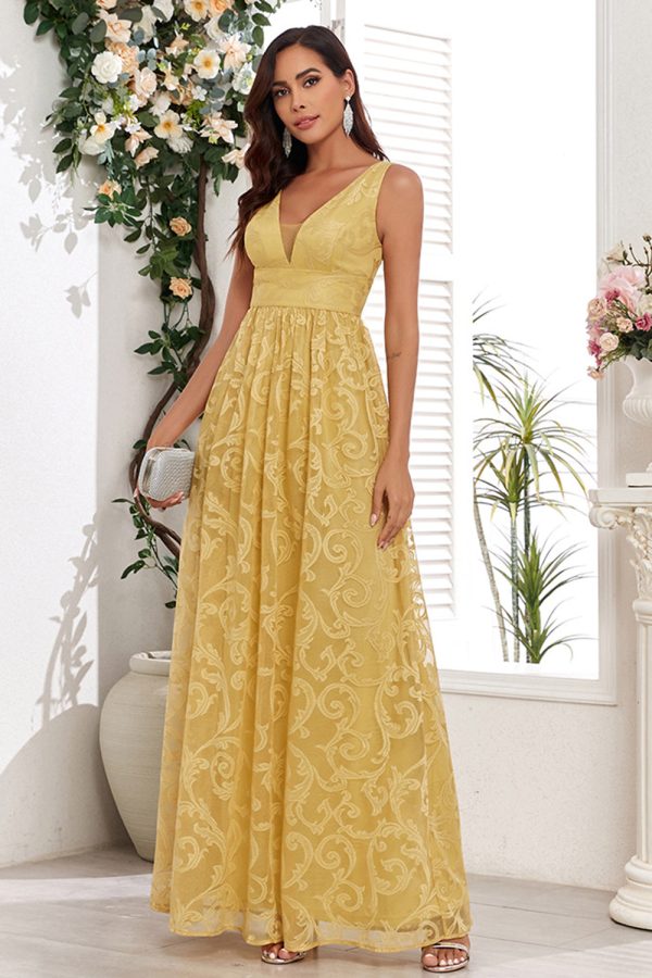 Yellow V-Neck Long Prom Dress With Appliques Supply