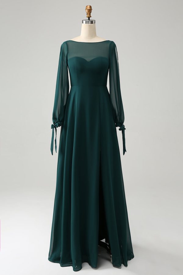 A Line Dark Green Bateau Neck Chiffon Bridesmaid Dress with Slit Sale