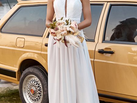 Ivory Lace Chiffon Halter Boho Wedding Dress With Slit For Sale