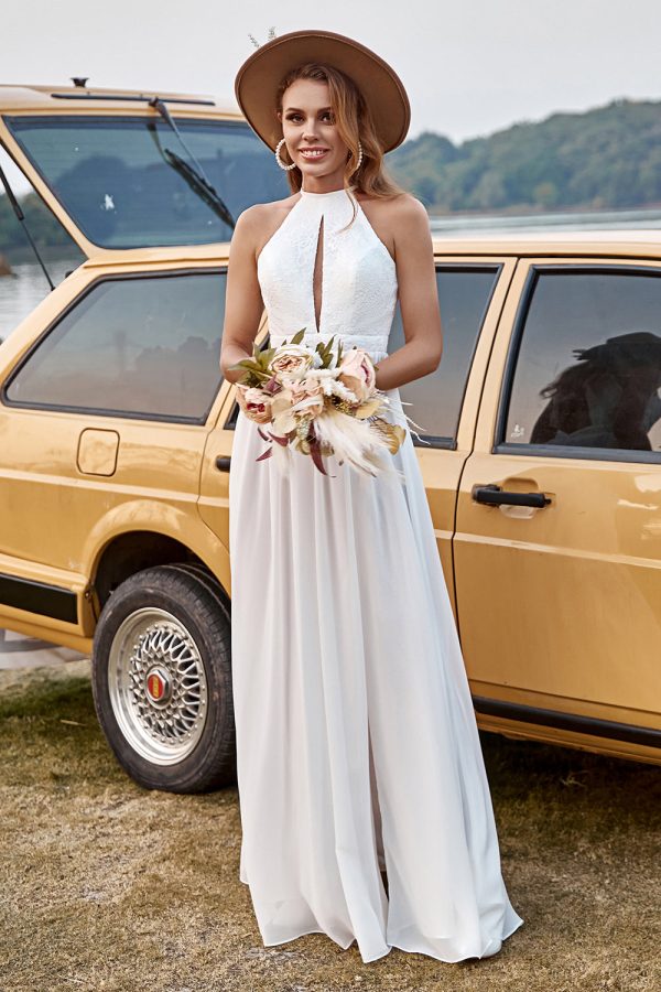 Ivory Lace Chiffon Halter Boho Wedding Dress With Slit For Sale