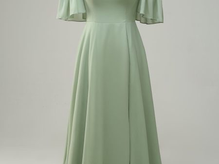 A Line Off the Shoulder Green Long Bridesmaid Dress with Ruffles Fashion