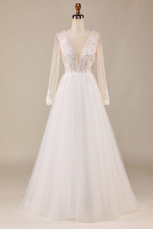 A Line Deep V-Neck Ivory Tulle Sweep Train Wedding Dress with Lace For Cheap