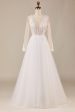 A Line Deep V-Neck Ivory Tulle Sweep Train Wedding Dress with Lace For Cheap