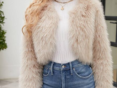 Apricot Open Front Shearling Faux Fur Cropped Coat on Sale