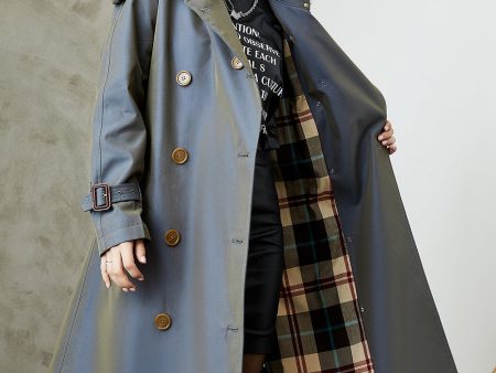 Grey Blue Double Breasted Long Trench Coat with Belt Discount