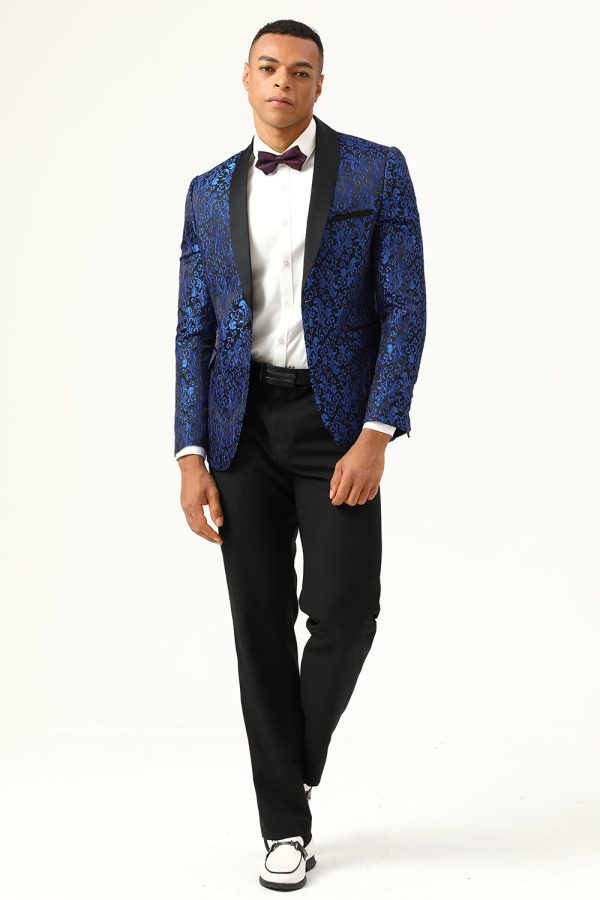 One Button Blue Shawl Lapel Jacquard Men s Prom Blazer Fashion