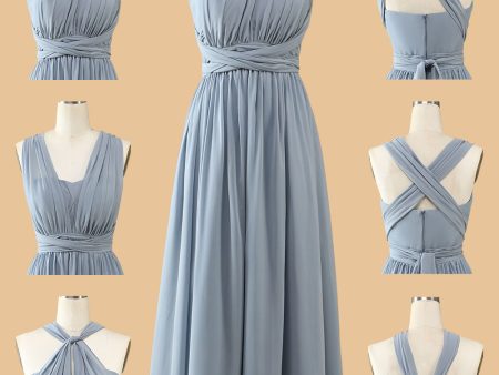 A Line One Shoulder V Neck Halter Neck Floor Length Grey Blue Bridesmaid Dress Cheap