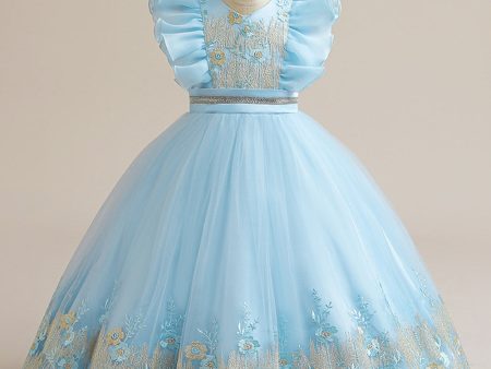 Blue A Line Tulle Girl Dress with Embroidery Supply