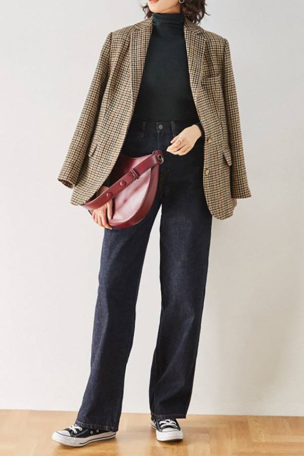 Khaki Plaid Notched Lapel Women Coat For Discount