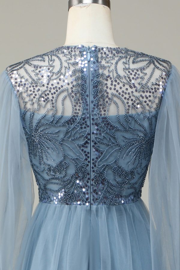 A Line Grey Blue Sequin Long Sleeves Bridesmaid Dress Online Sale