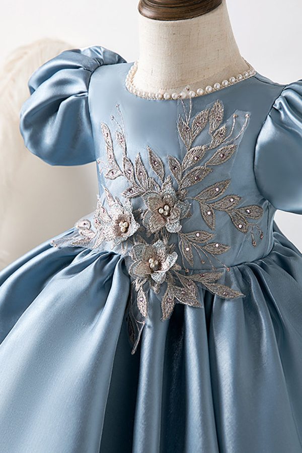 Puff Sleeves Blue Flower Girl Dress with Appliques Online now