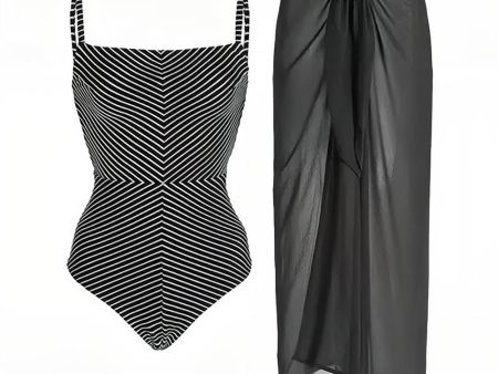 Black Stripe High Waist One Piece Swimsuit with Beach Skirt Cheap