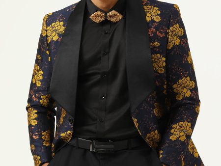 Navy Flower Shawl Lapel Jacquard Men s Prom Blazer For Discount