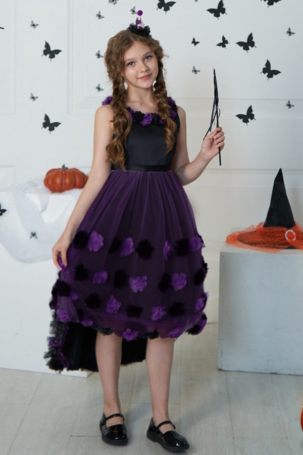 Dark Purple High Low Tulle Halloween Girl Dress With 3D Flower Sale