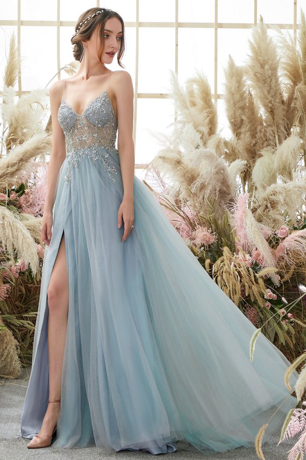 Light Blue Beading Tulle Prom Dress For Cheap