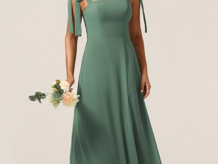 A Line Spaghetti Straps Eucalyptus Tie Straps Bridesmaid Dress With Slit Online